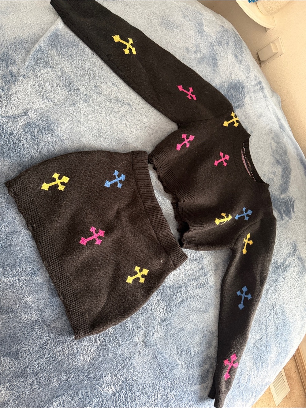 Black Knit Two-Piece Skirt Set with Colorful Cross Motif